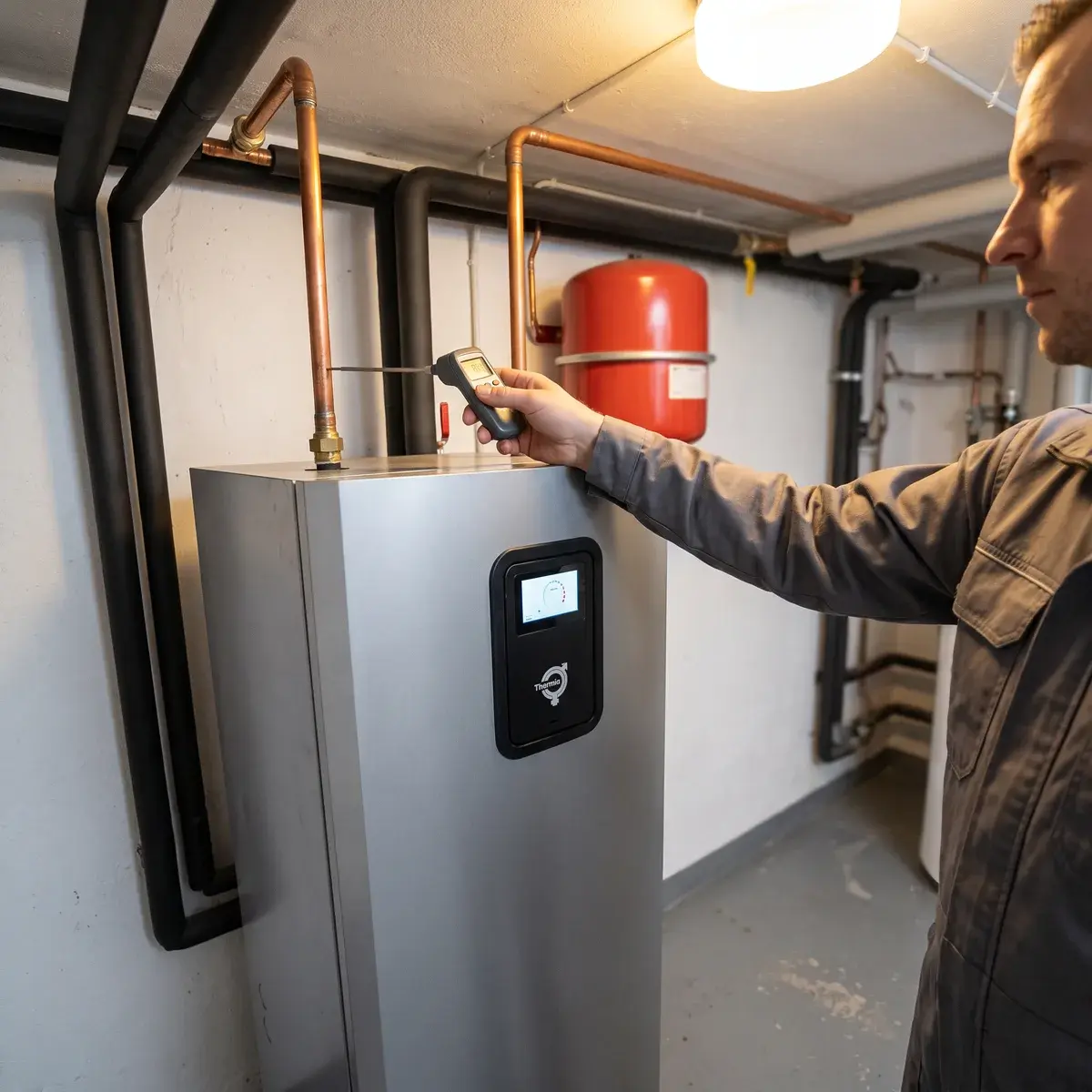 Värmetekniker mäter framledningstemperaturen med en kontakttermometer på kopparröret ovanför en Thermia Calibra Eco-bergvärmepump.