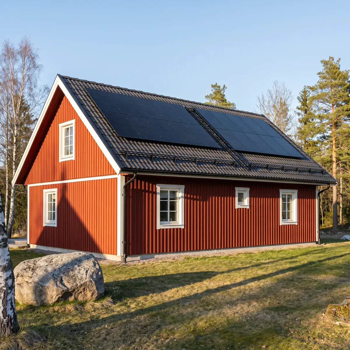 Falurött trähus med svart betongpannetak och fjorton helsvarta REC Alpha Pure-RX-paneler, med granitblock och björkar i trädgården.