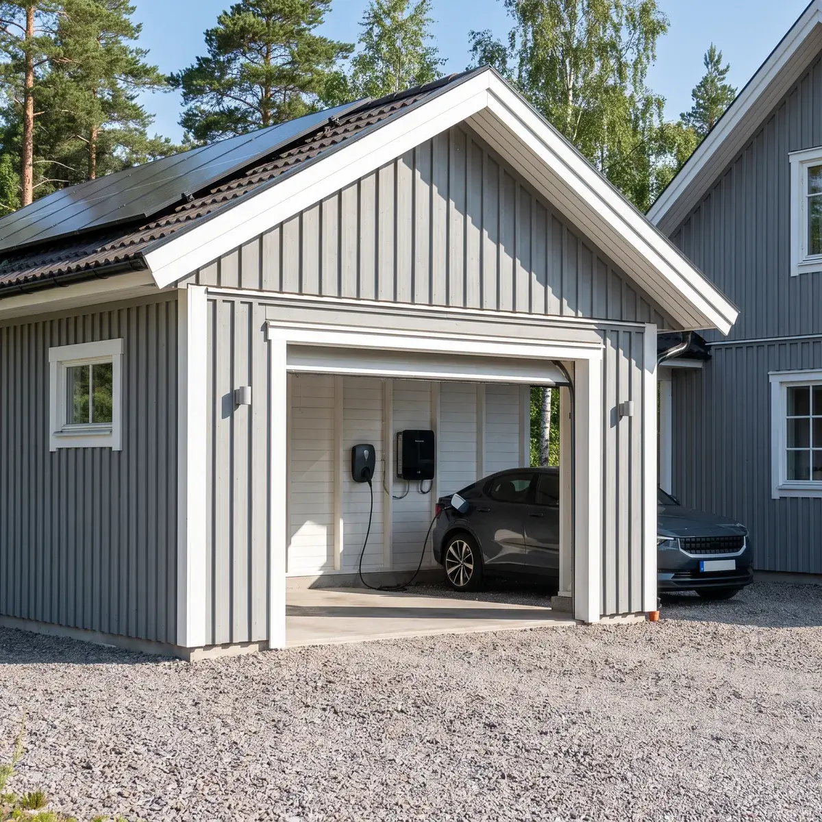 Grått garage med solpaneler på taket där en Zaptec Go 2-laddbox och en Ferroamp EnergyHub sitter på väggen innanför den öppna porten.