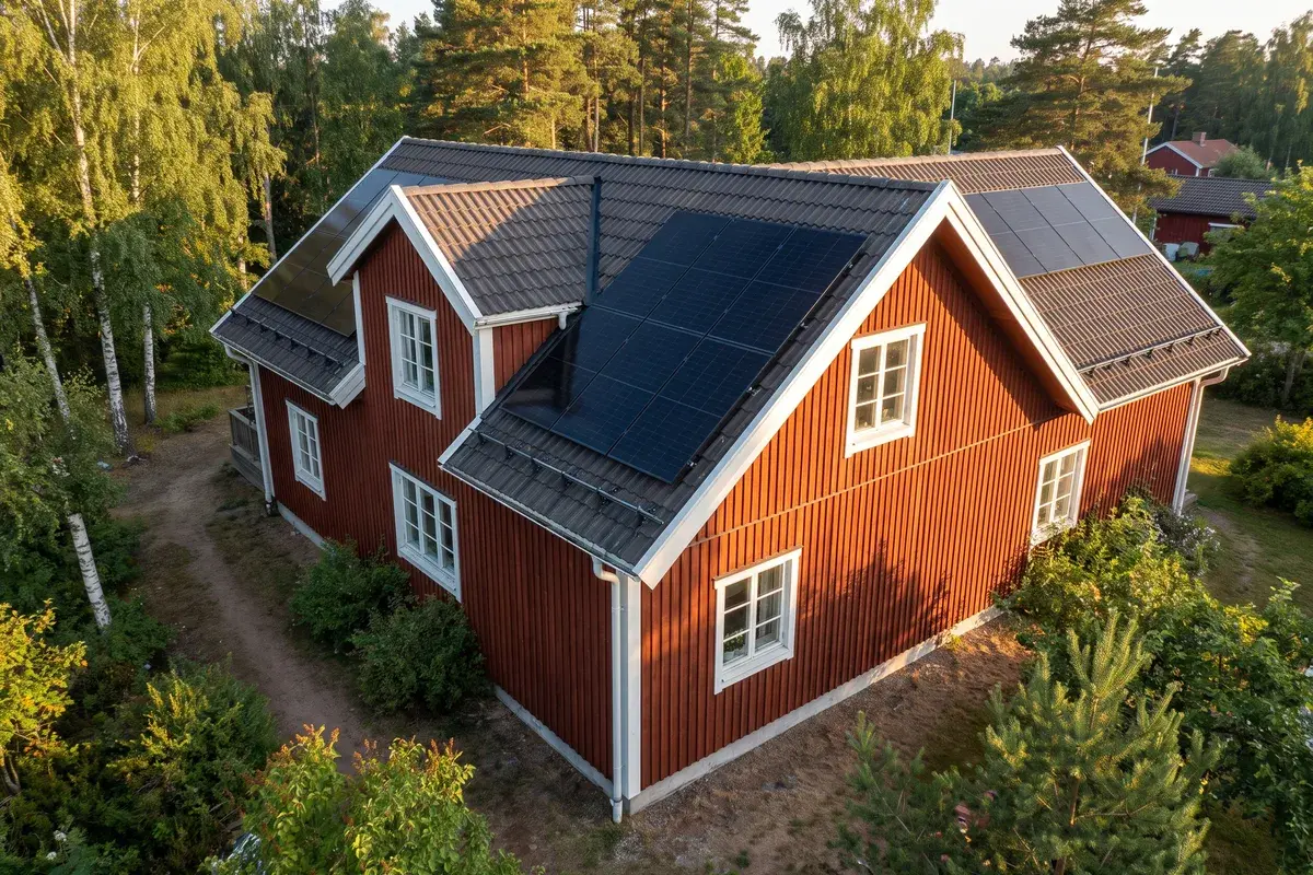 Falurött trähus med öst- och västvänt sadeltak där båda takfallen har helsvarta LONGi Hi-MO X10-paneler.