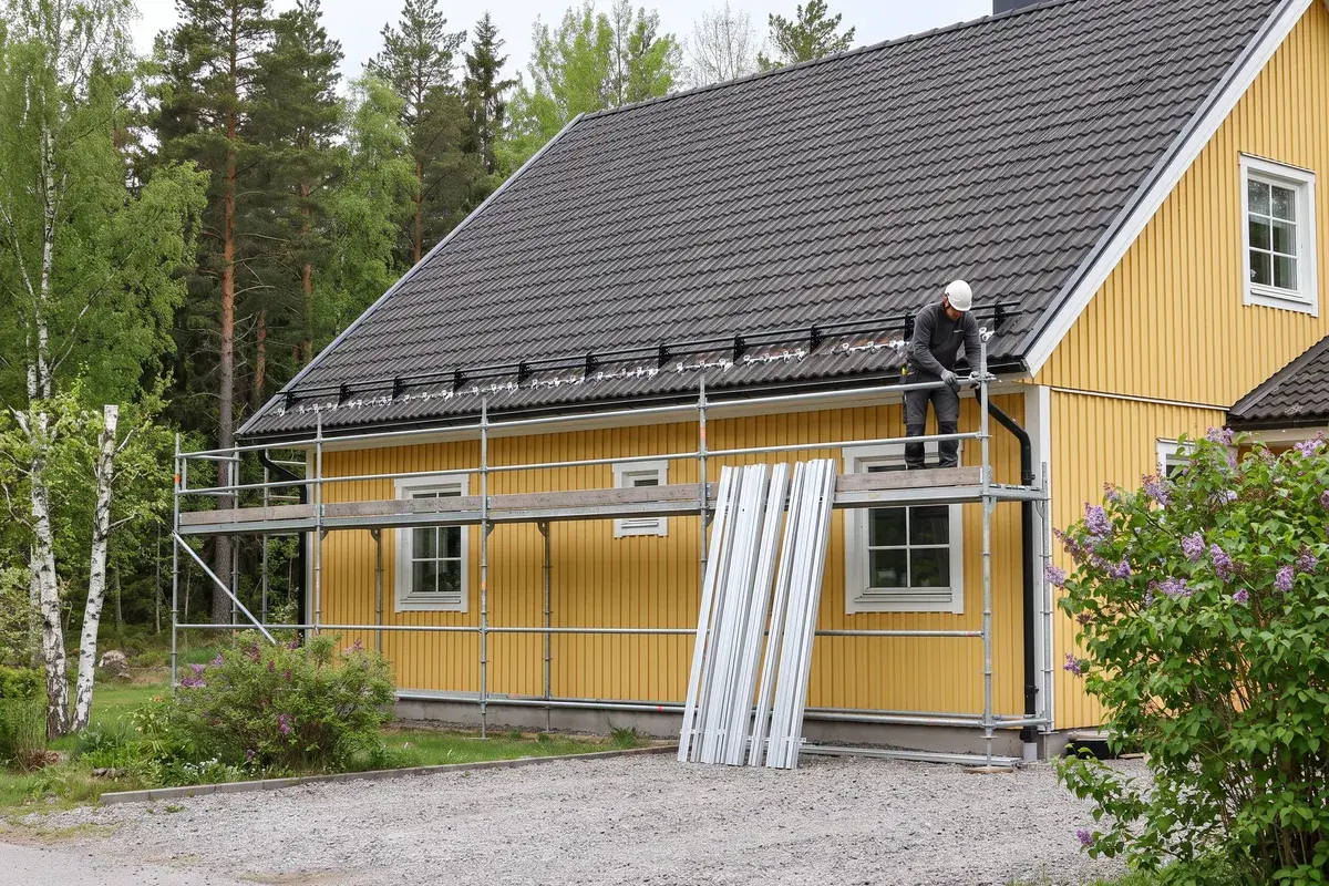 Fasadställning med skyddsräcke längs takfoten på en gul trävilla, med K2 CrossHook 3S-krokar monterade under betongpannorna.