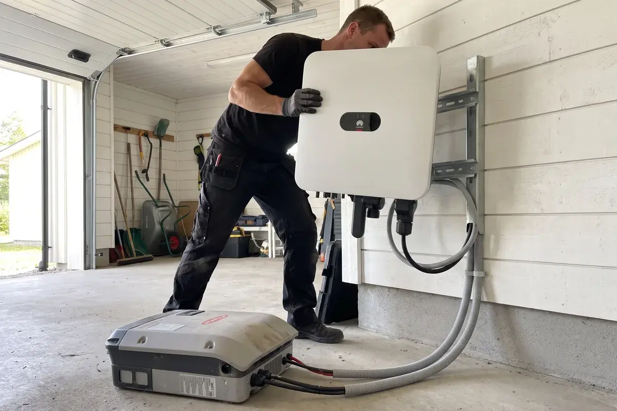 Elektriker hänger upp en ny Huawei SUN2000-MAP0 på väggen i ett garage, med den gamla växelriktaren urkopplad på golvet.
