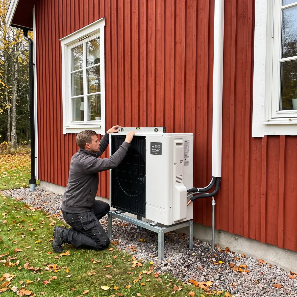 Montör kontrollerar med vattenpass att en Mitsubishi Ecodan-utedel står plant på sitt stativ vid ett falurött hus.