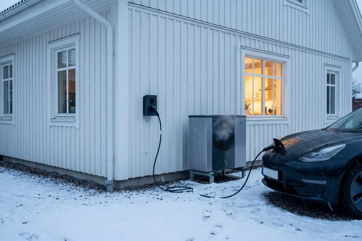 Zaptec Go 2 laddar en elbil och en NIBE S2125 går för fullt vid en vit trävilla en vinterkväll.