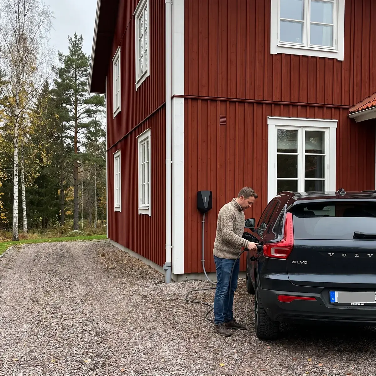 Man ansluter en Volvo-elbil till en svart Easee Charge Up-laddbox på fasaden till ett falurött trähus.