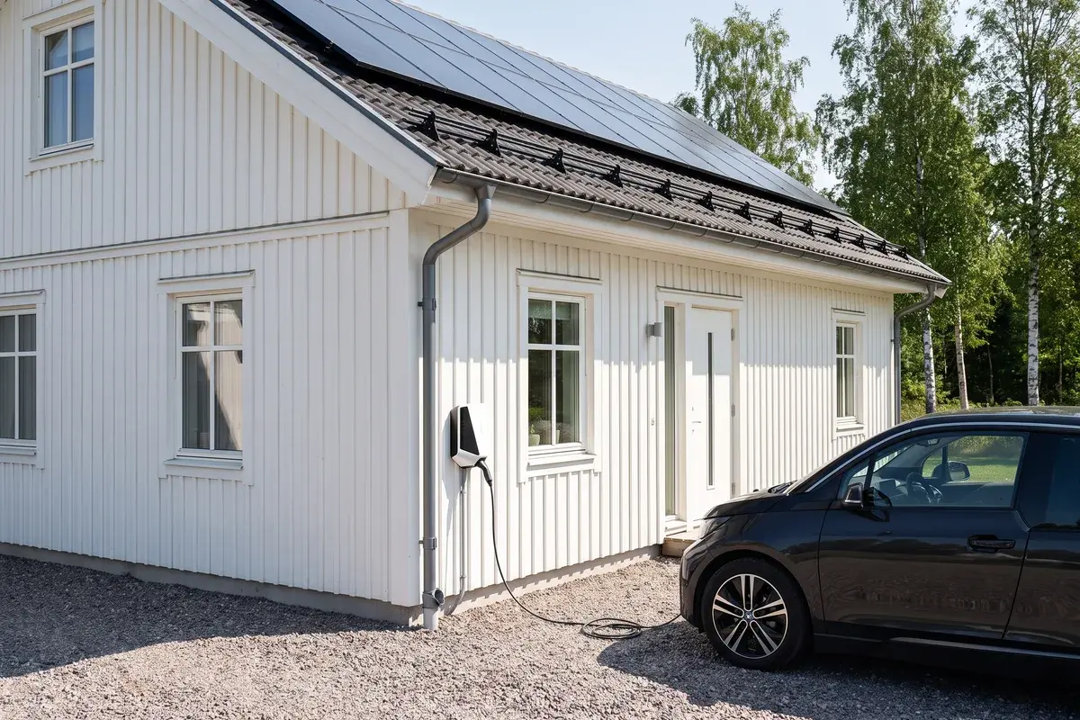 Vit Easee Charge Max på fasaden till en vit trävilla laddar en elbil mitt på dagen, med solceller på taket ovanför.
