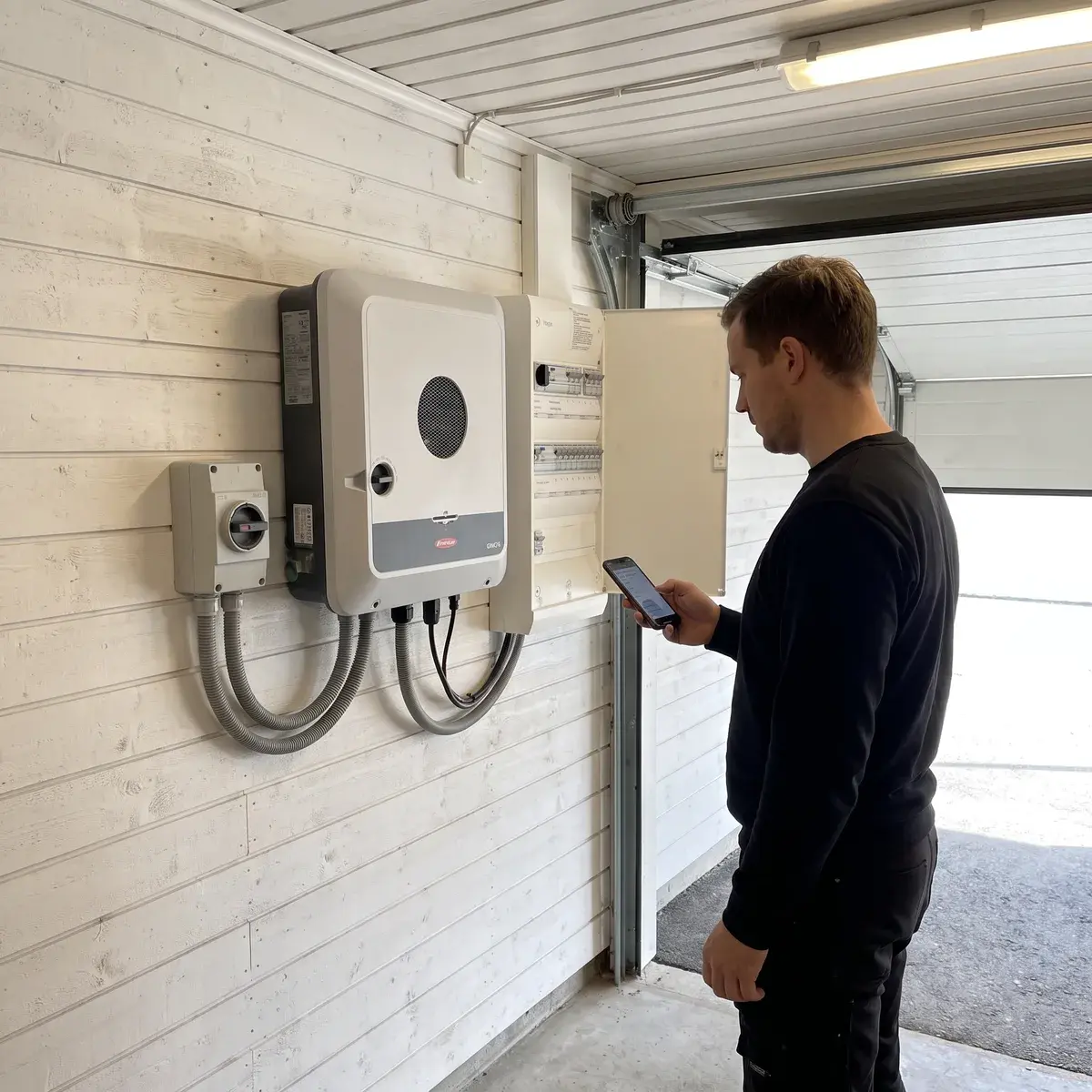 Elektriker läser av en Fronius Symo GEN24 Plus-växelriktare med mobilen, bredvid en öppen elcentral i ett vitmålat garage.