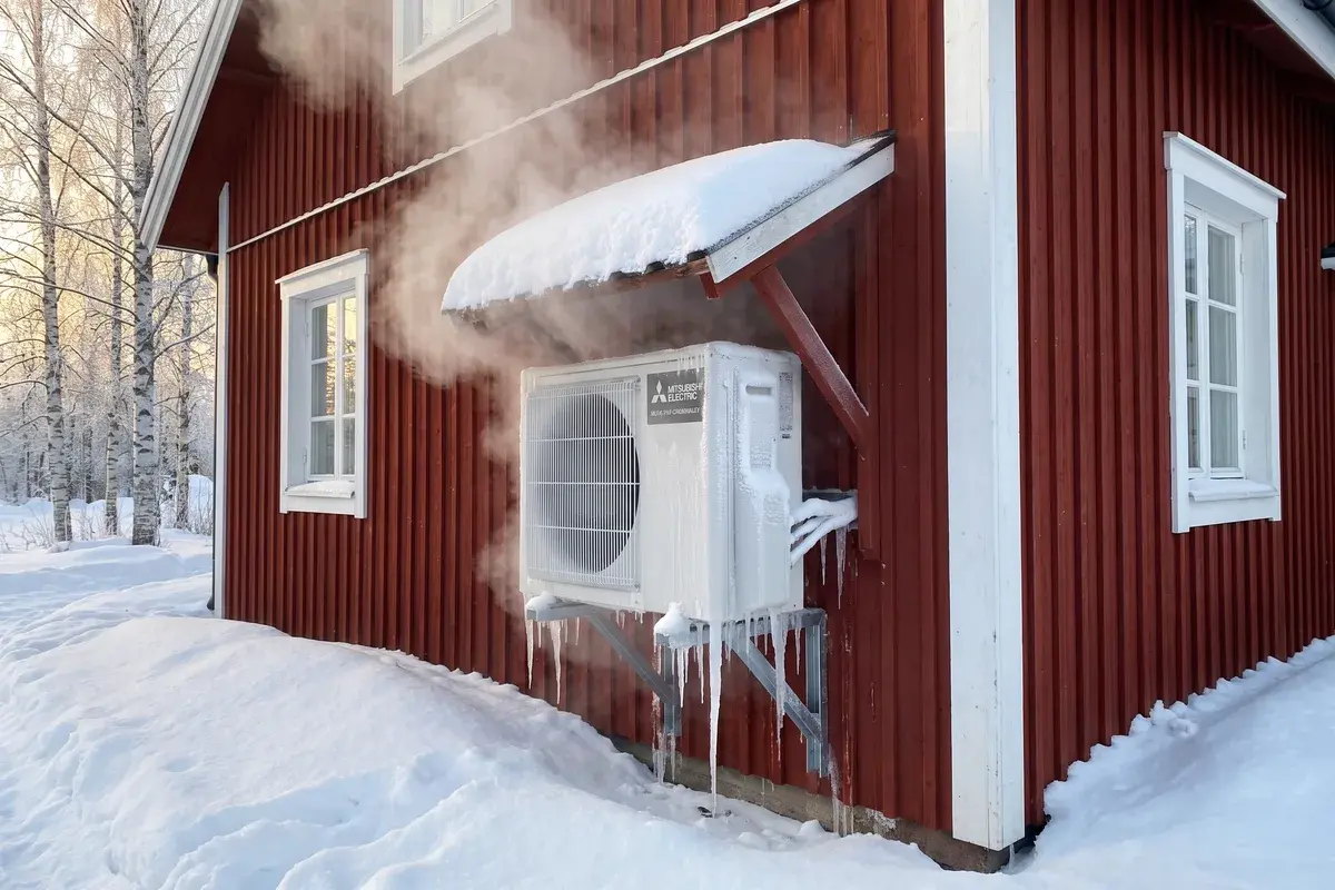 Mitsubishi MUZ-LN Hero-utedel med frost på värmeväxlaren som avfrostar i ånga en kall vintermorgon.
