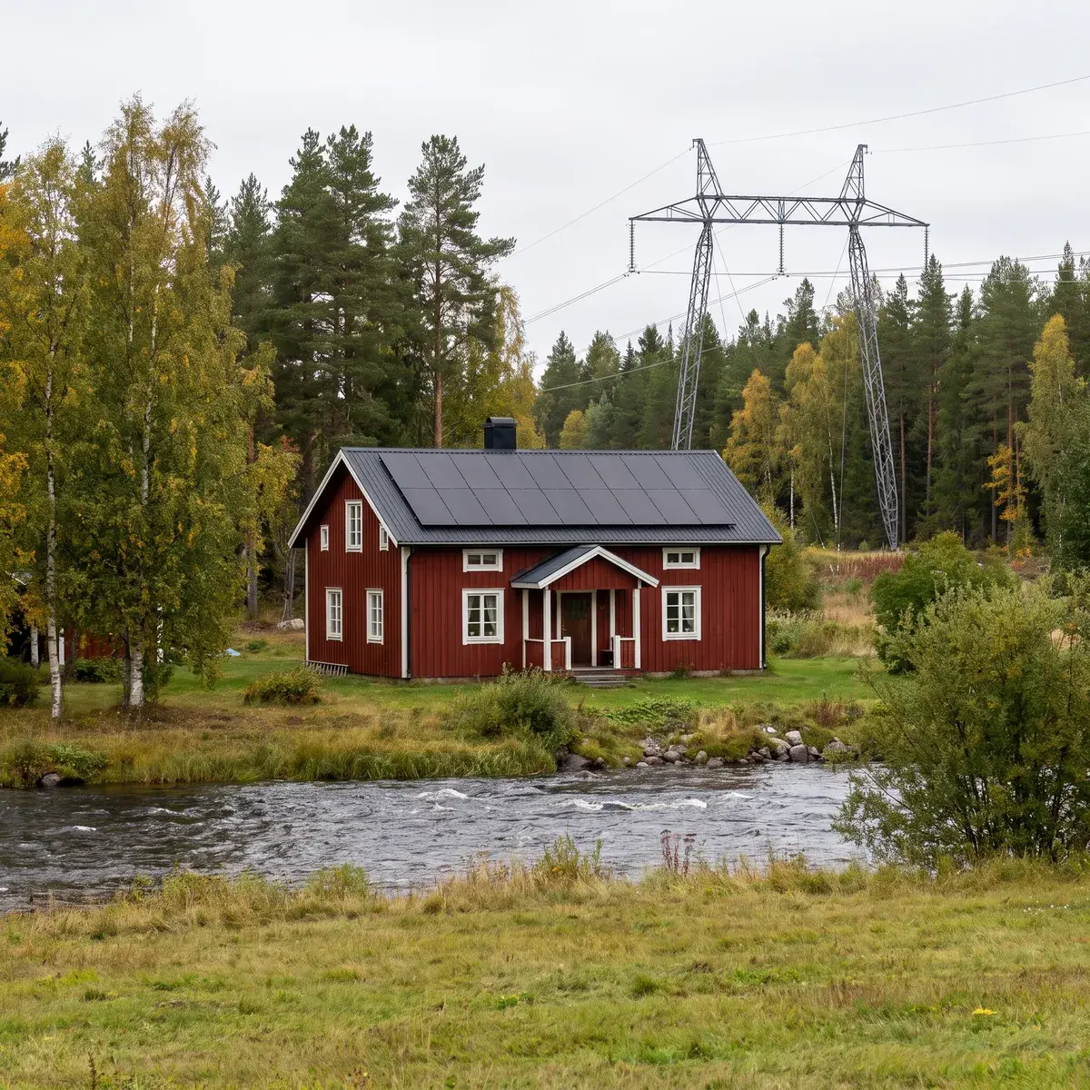 Falurött hus med helsvarta REC Alpha Pure-RX-paneler vid en norrländsk älv, med en kraftledning genom skogen bakom.