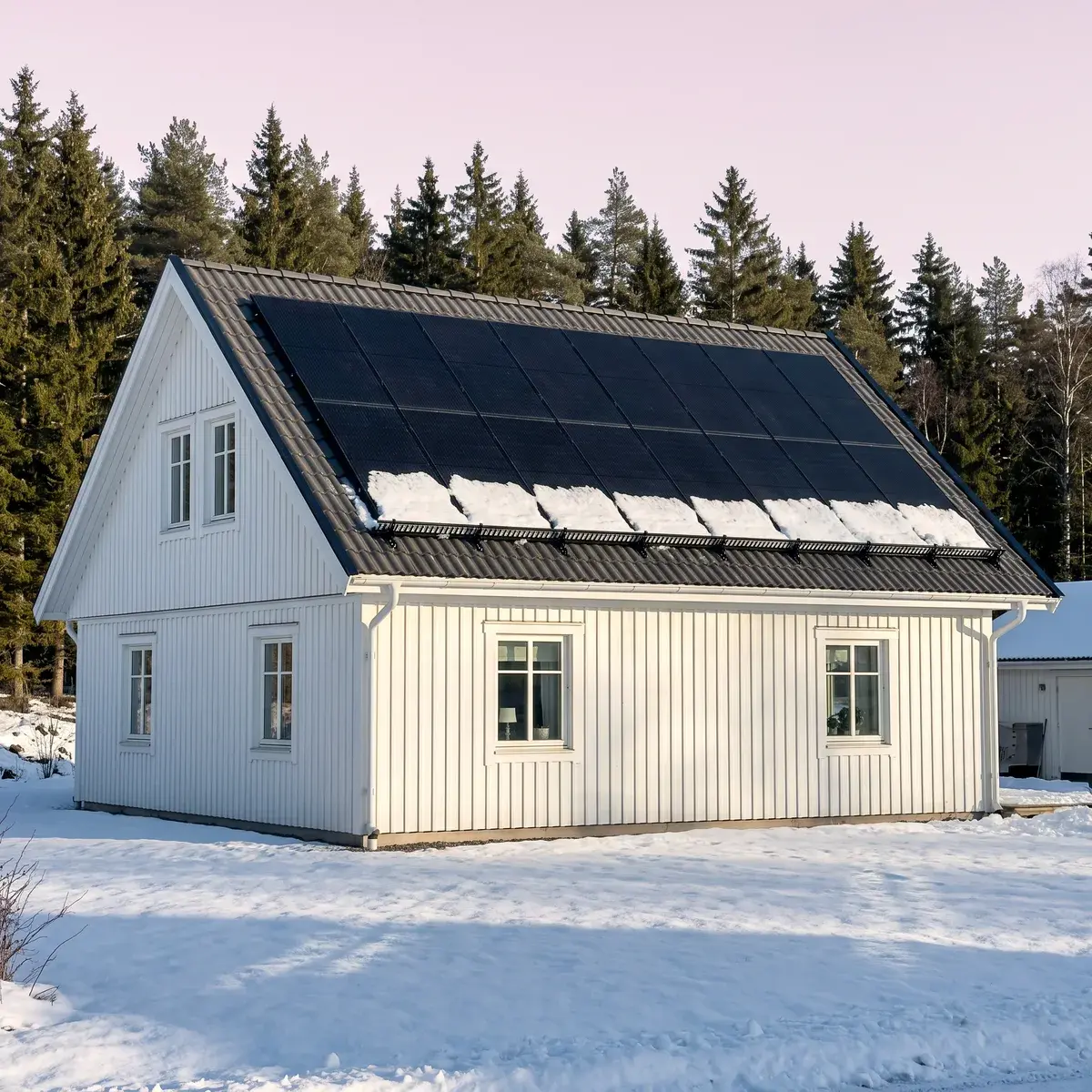 Vit villa i snölandskap med AIKO NEOSTAR-paneler på taket, där snö ligger kvar på den nedersta raden i lågt decemberljus.