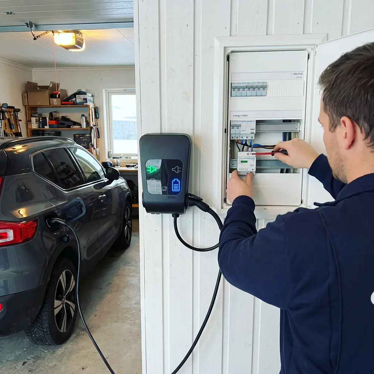 Elektriker kopplar en energimätare för lastbalansering i en Hager-elcentral bredvid en CTEK Chargestorm Connected 3-laddbox i garaget.
