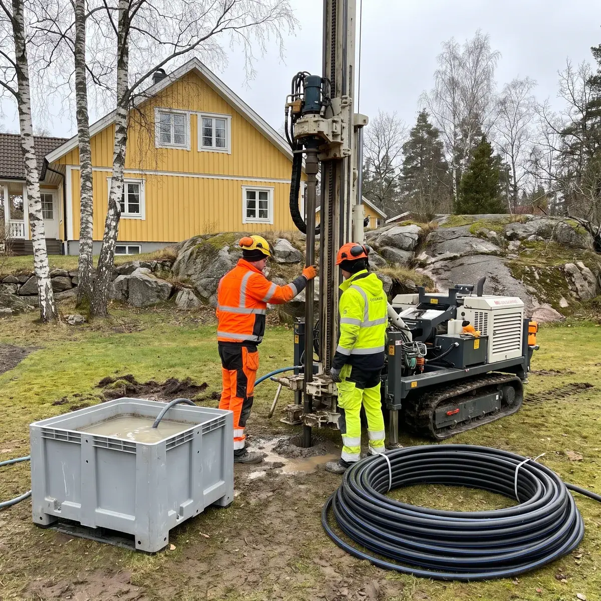 Borrigg på band borrar ett energibrunnshål i trädgården till en gul trävilla, med kollektorslang och borrvatten i en balja.