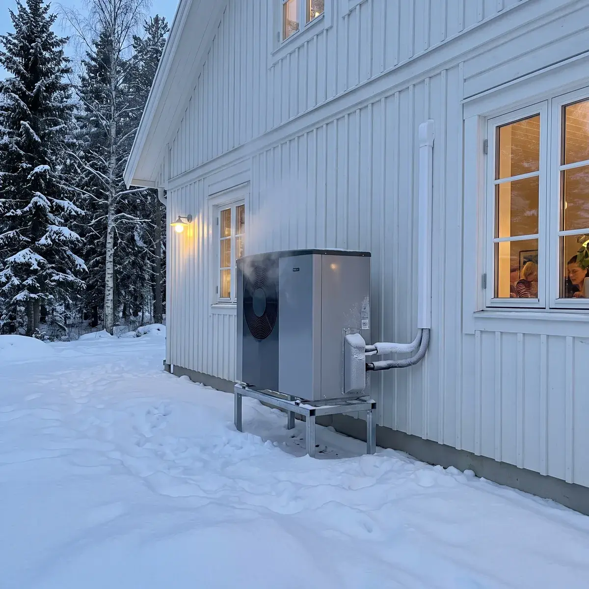 NIBE S2125-utedel på ett stativ ovanför snön vid en vit trävilla i blå skymning, med ånga från avfrostningen.