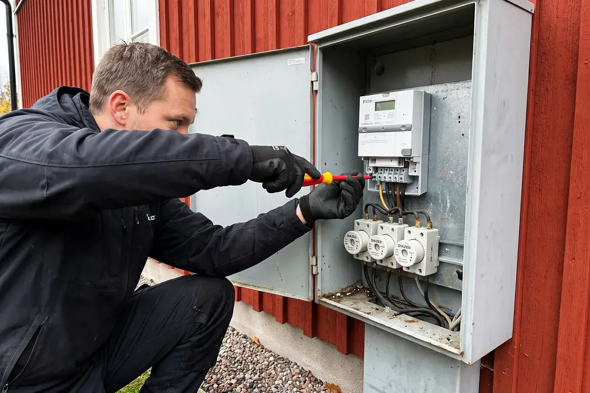 Nätteknikern monterar en ny smart elmätare i ett mätarskåp på en faluröd fasad.