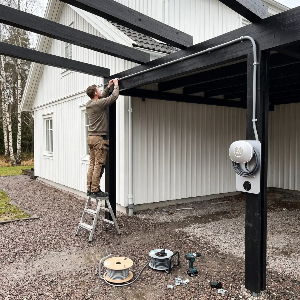 Elektriker drar kabelrör längs en svart carport fram till en Charge Amps Halo-laddbox vid en vit villa.