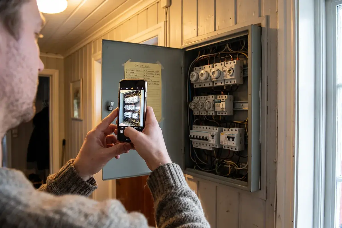 En husägare fotograferar en äldre elcentral med proppar och full DIN-skena med mobilen inför en offertförfrågan.