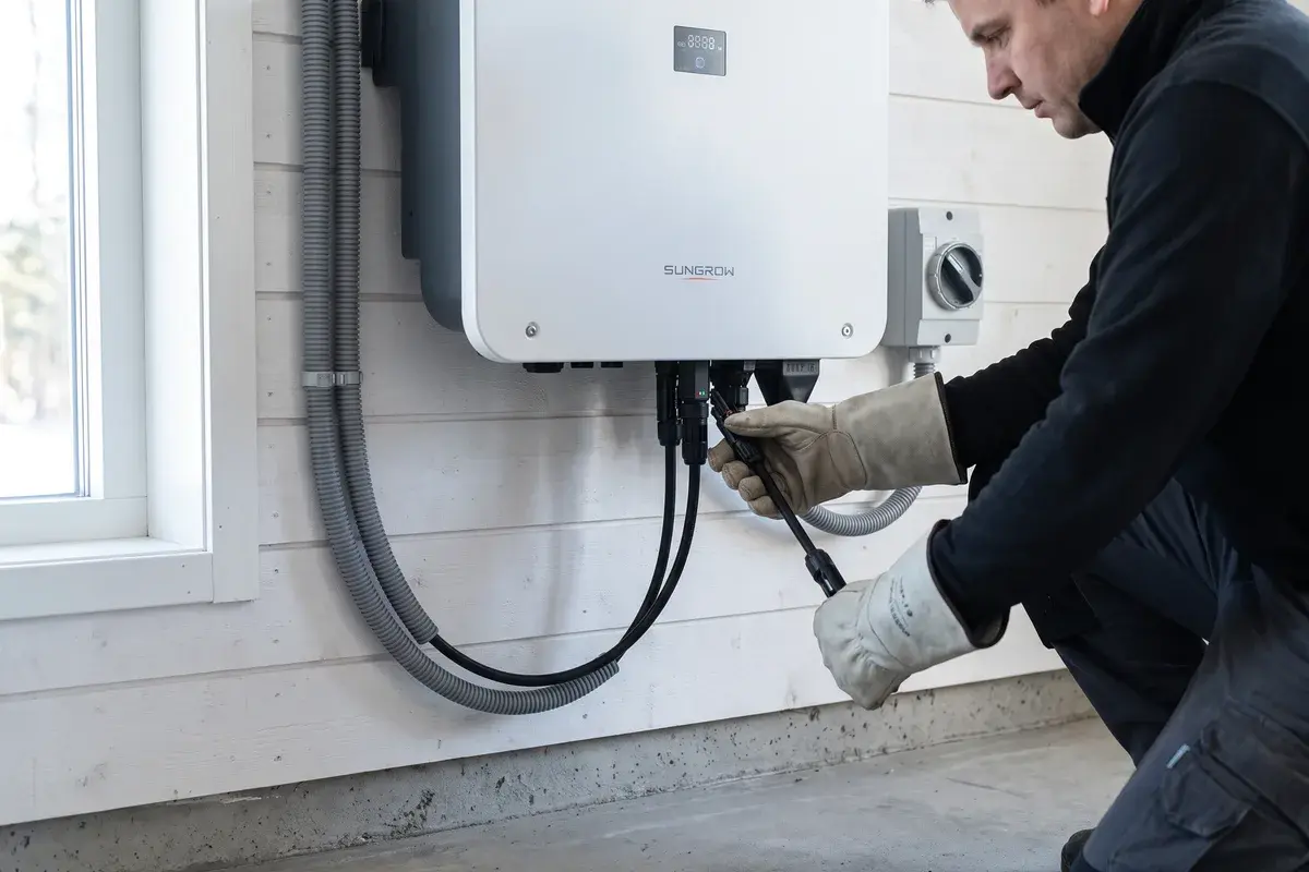 Elektriker med isolerande handskar kopplar in likströmskablar med MC4-kontakter i en Sungrow SH-T-växelriktare i ett garage.