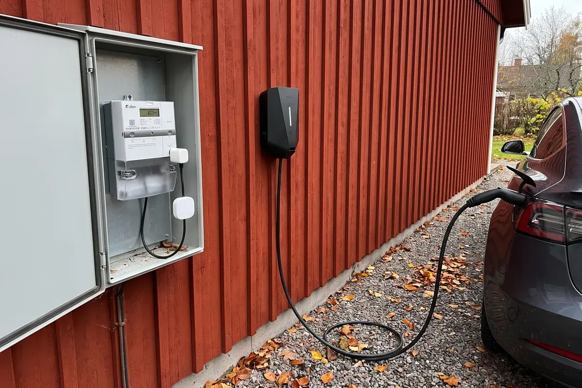 Mätarskåp med en Aidon 6534-mätare och en liten mätpuck i HAN-porten, med en svart Easee Charge Up på samma fasad.